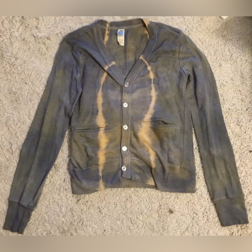 ALTERNATIVE EARTH blue gray tan long sleeve v-neck button cardigan Small S 4